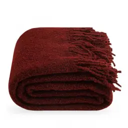 Burgundy Wool Throw Blanket – Bouclé Texture with Fringe, 55x79 in